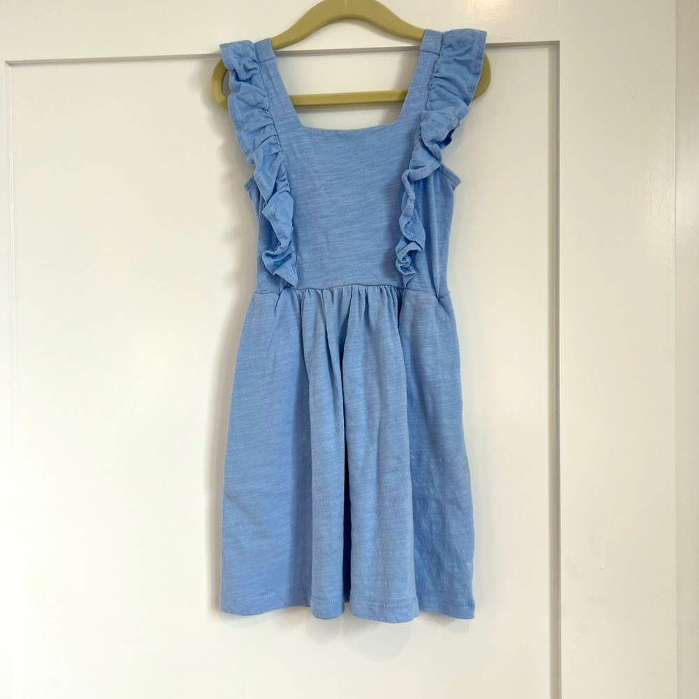 Maison Me blue cotton dress sz 5 used ruffle shoulders, bow tie back